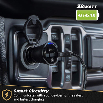 CPDCA38 38W USB-C Cigarette Lighter Adapter, Dual Car Charger with USB-A and USBC Fast Charging Port Compatible with Iphone 16/15/14/13/12, Samsung Galaxy S25/S24/S23 & Type-C Android Devices