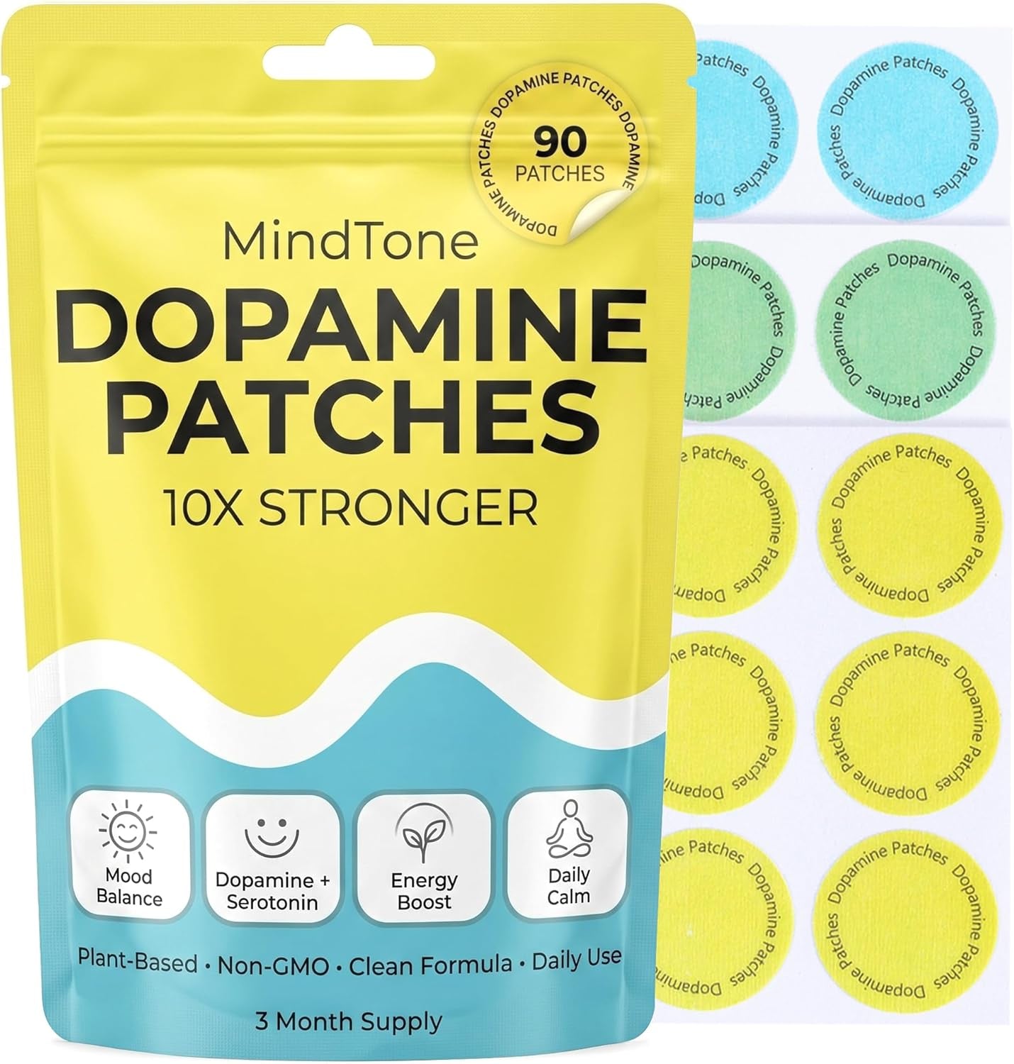 Dopamine Patches Extra Strength – 90 Count Plant-Based Non-Gmo Mood Support & Energy Patch – Dopamine & Serotonin Balance – Mood Balance Patch for Women & Men – 3 Month Supply